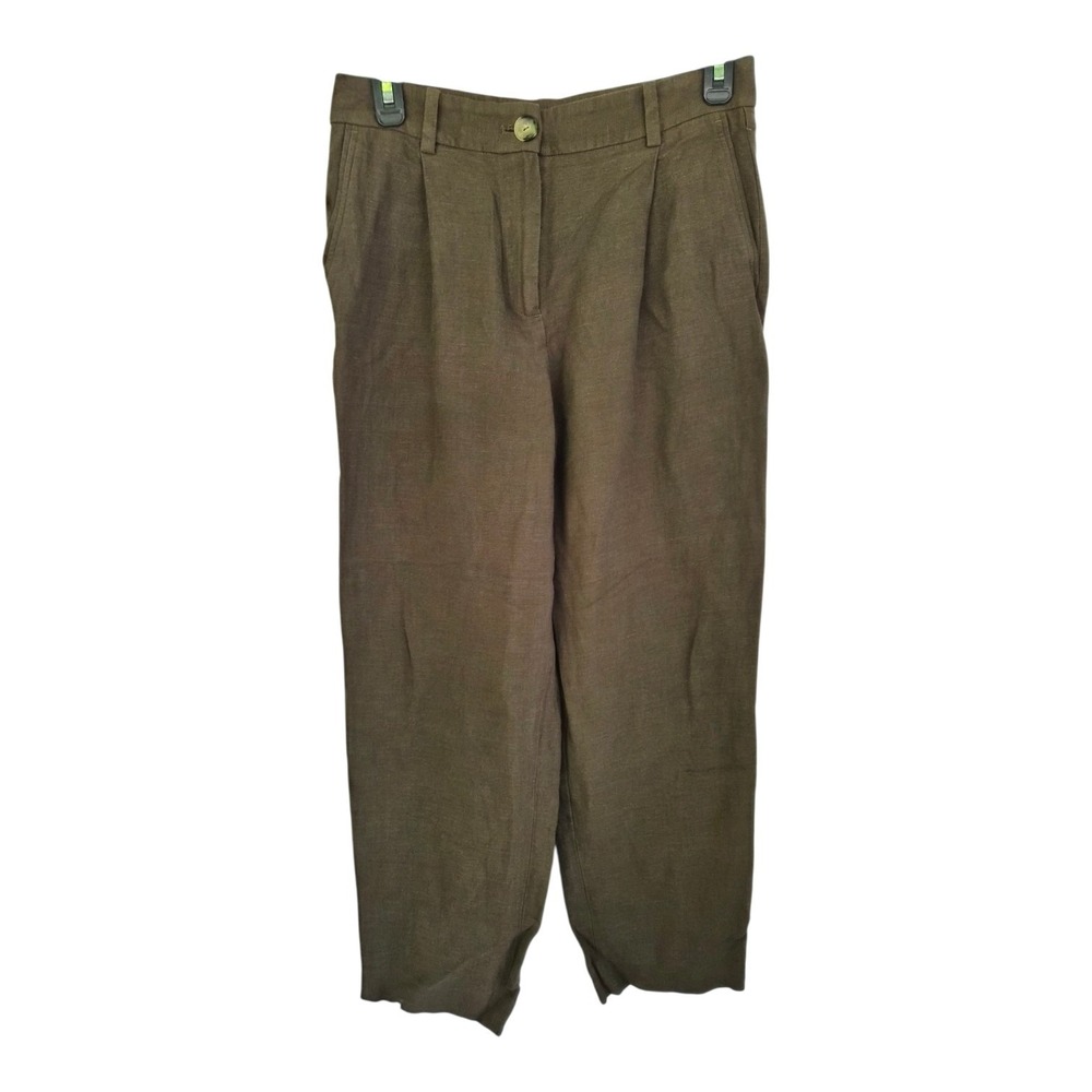 Massimo Dutti Linen Blend Tapered Crop Pants Brown High Rise Pleated Size 26